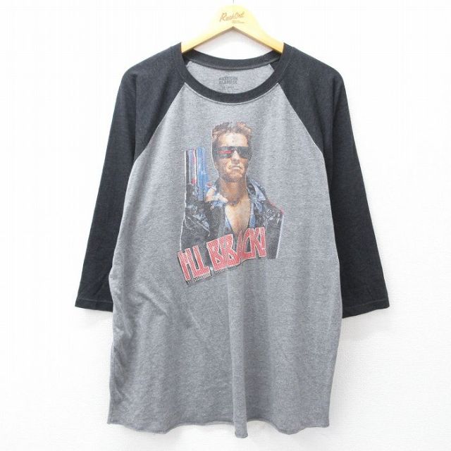 XL★古着 7分袖 Tシャツ メンズ 映画 ターミネーター ラグラン クルーネック グレー 霜降り他 25sep27 中古 7分丈 七分丈 七分袖