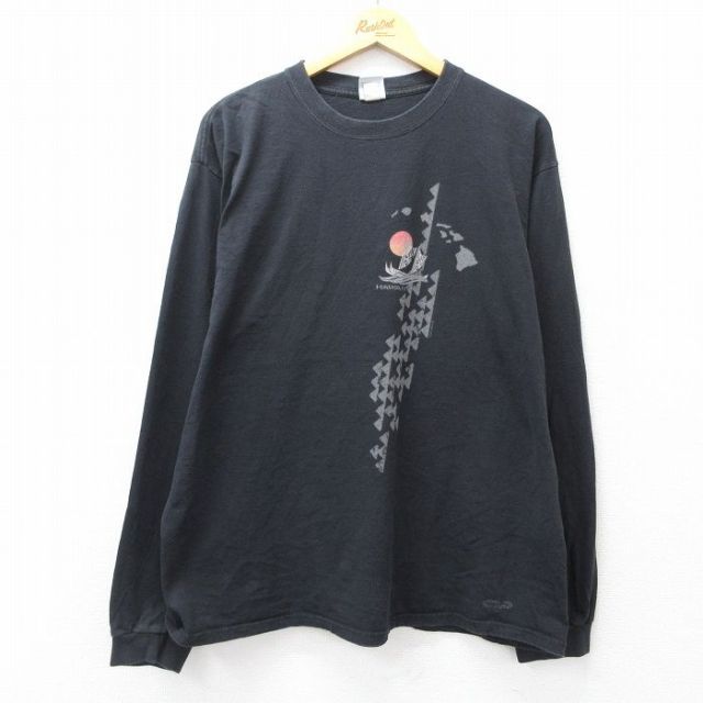 XL★古着 crazy shirts 長袖 Tシャツ メンズ ハワイ 大きいサイズ コットン クルーネック 黒 ブラック 25sep27 中古