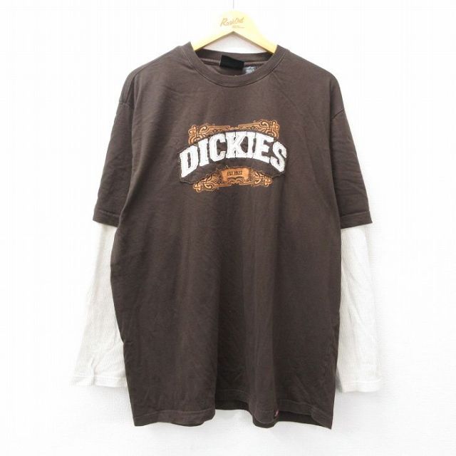 XL★古着 ディッキーズ Dickies 長袖 Tシャツ メンズ ビッグロゴ 大きいサイズ コットン クルーネック 茶 ブラウン 25sep27 中古