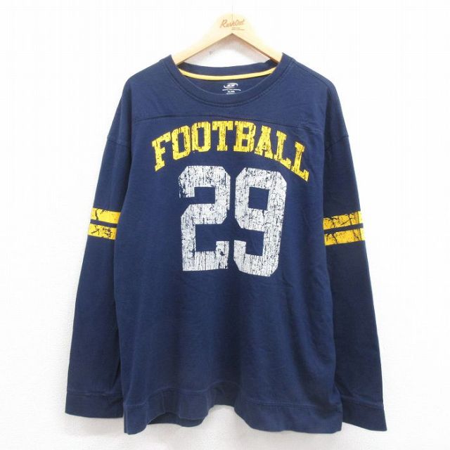 XL★古着 長袖 フットボール Tシャツ メンズ 29 大きいサイズ コットン クルーネック 濃紺 ネイビー 25sep29 中古