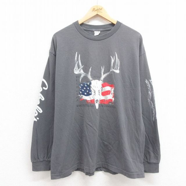 XL★古着 長袖 Tシャツ メンズ シカ 企業広告 コットン クルーネック 濃グレー 25sep29 中古