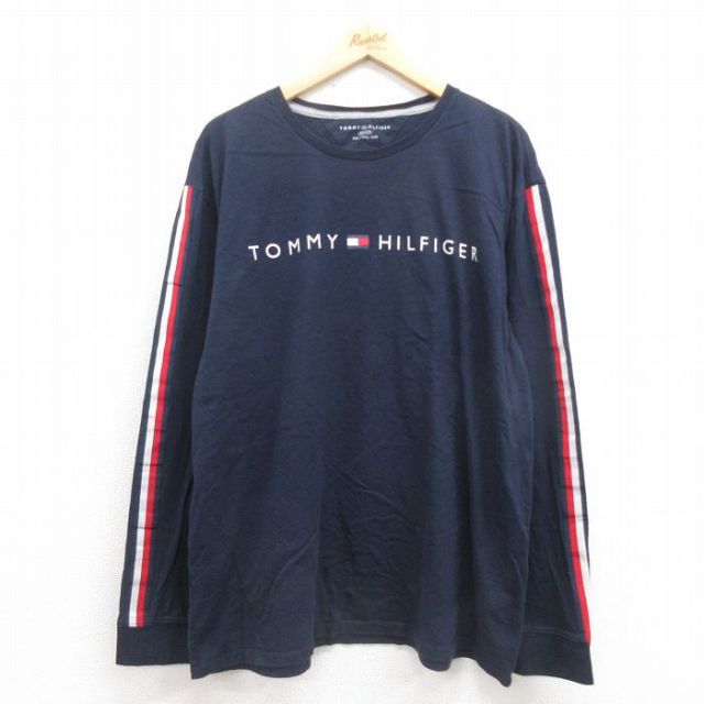 XL★古着 トミーヒルフィガー TOMMY HILFIGER 長袖 ブランド Tシャツ メンズ ビッグロゴ 大きいサイズ コットン 濃紺 ネイビー 25sep29 中古