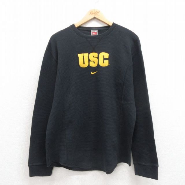 XL★古着 ナイキ NIKE 長袖 ビンテージ サーマル Tシャツ メンズ 00年代 00s USG 刺繍 クルーネック 黒 ブラック 25sep29 中古
