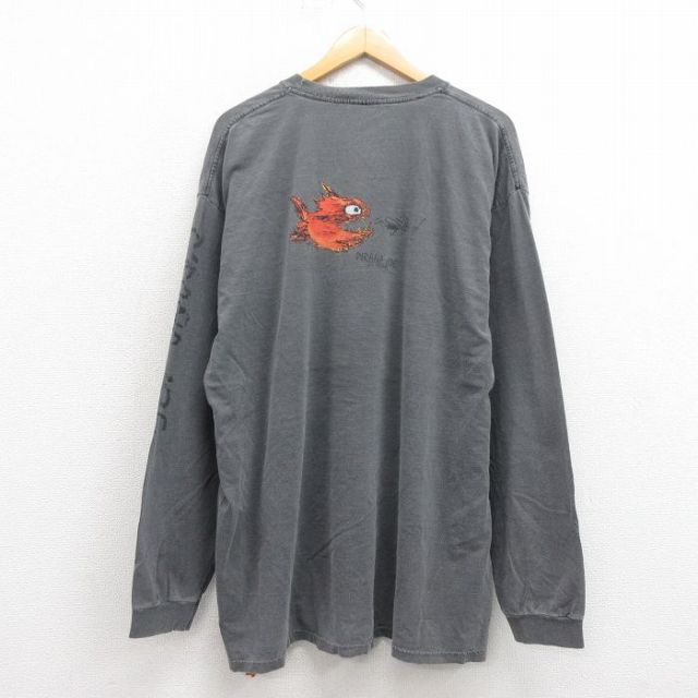 XL★古着 長袖 Tシャツ メンズ ピラニアジョー 大きいサイズ コットン クルーネック 濃グレー 25sep29 中古