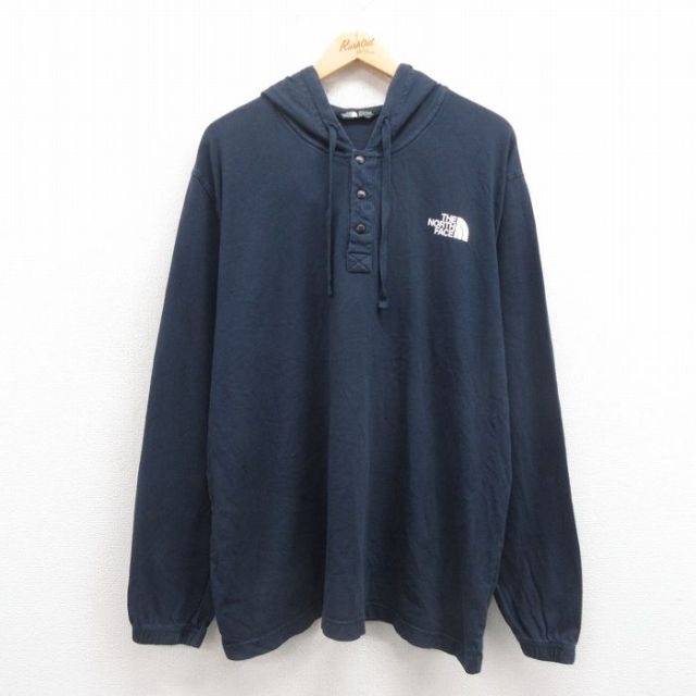 XL★古着 ノースフェイス THE NORTH FACE 長袖 Tシャツ パーカー メンズ ワンポイントロゴ 大きいサイズ コットン 濃紺 ネイビー 25sep29 中古