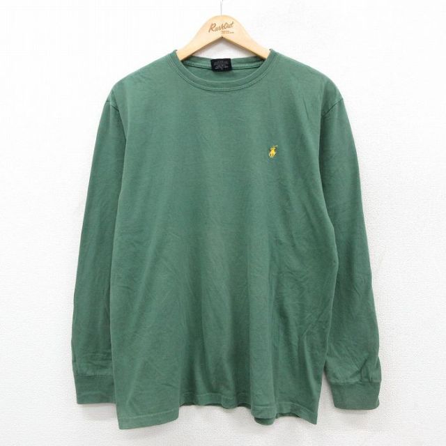 XL★古着 ラルフローレン Ralph Lauren 長袖 ブランド Tシャツ メンズ ワンポイントロゴ コットン クルーネック 緑 グリーン 25sep29 中古