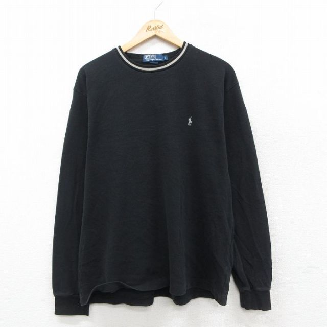 XL★古着 ラルフローレン Ralph Lauren 長袖 ブランド Tシャツ メンズ 90年代 90s ワンポイントロゴ 鹿の子 コットン クルーネック 黒他 ブラック 【spe】 25sep29 中古