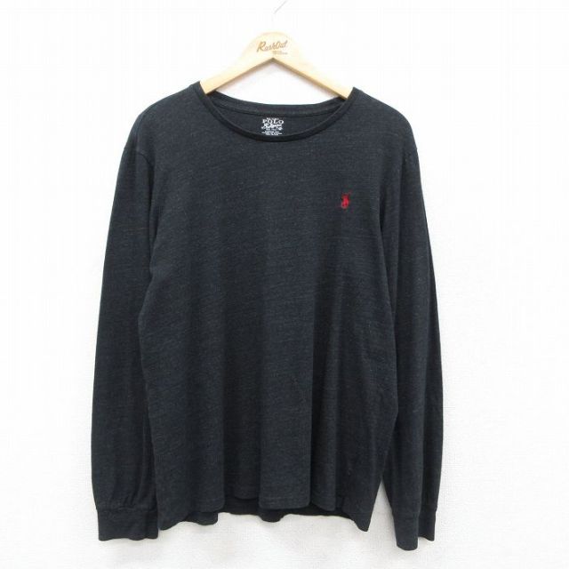 L★古着 ラルフローレン Ralph Lauren 長袖 ブランド Tシャツ メンズ ワンポイントロゴ コットン クルーネック 黒 ブラック 霜降り 25sep29 中古