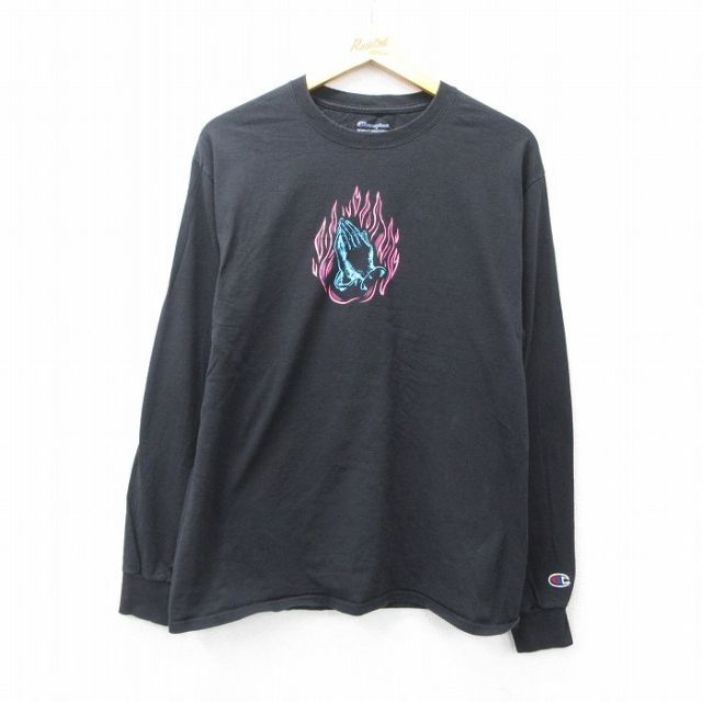 L★古着 チャンピオン champion 長袖 Tシャツ メンズ 手 クルーネック 黒 ブラック 25sep29 中古