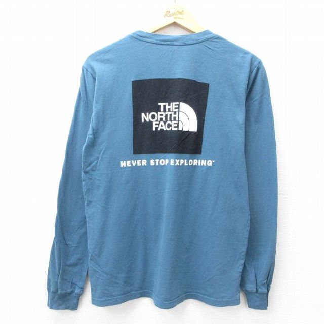 M★古着 ノースフェイス THE NORTH FACE 長袖 Tシャツ メンズ ビッグロゴ コットン クルーネック 薄紺 ネイビー 25sep29 中古