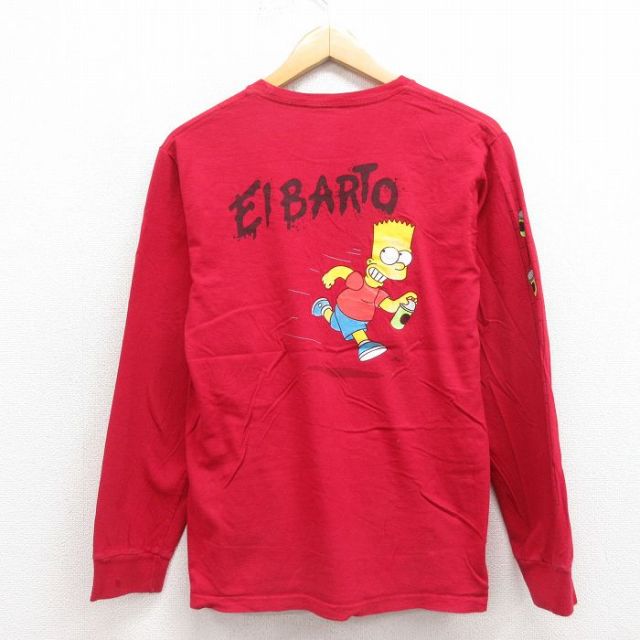 S★古着 バンズ 長袖 Tシャツ メンズ アニメ シンプソンズ コットン クルーネック 赤 レッド 25sep29 中古