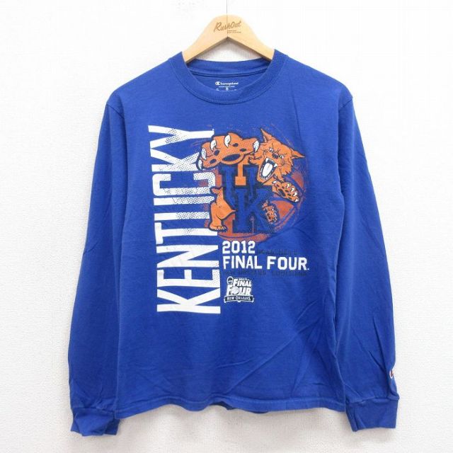 S★古着 チャンピオン champion 長袖 Tシャツ メンズ ケンタッキーワイルドキャッツ コットン クルーネック 青 ブルー 25sep29 中古
