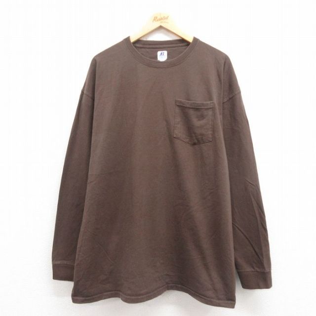 XL★古着 ラッセル 長袖 Tシャツ メンズ 無地 胸ポケット付き 大きいサイズ コットン クルーネック こげ茶 ブラウン 25sep29 中古