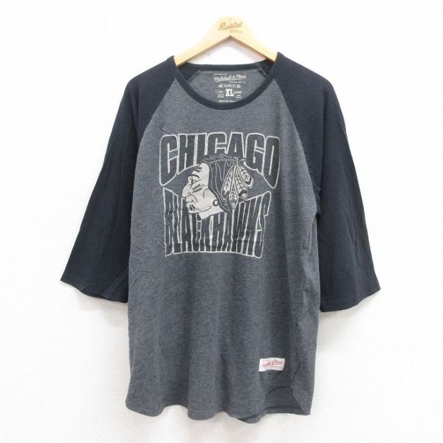 L★古着 7分袖 Tシャツ メンズ NHL シカゴブラックホークス ツートンカラー ラグラン クルーネック グレー アイスホッケー 25sep29 中古 7分丈 七分丈 七分袖