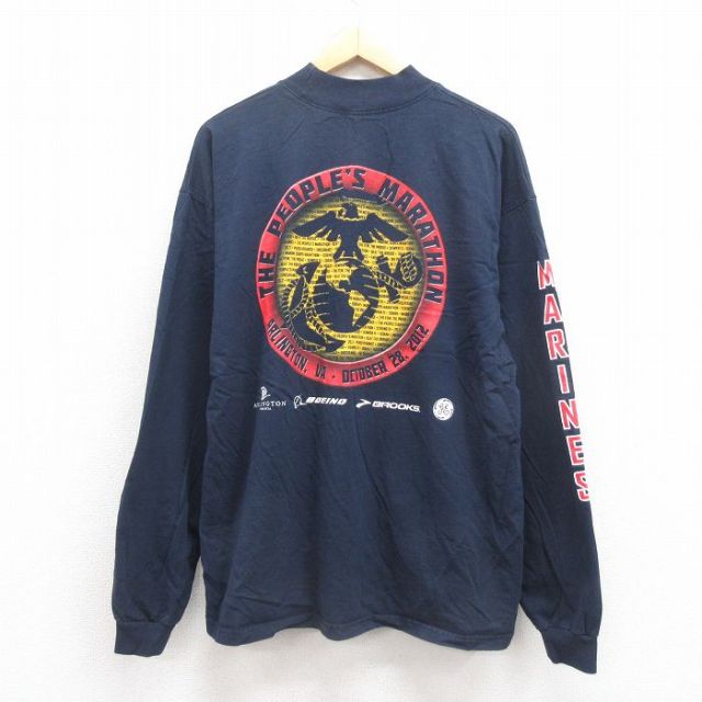 XL★古着 長袖 Tシャツ メンズ ミリタリー 企業広告 大きいサイズ モックネック ハイネック コットン 紺 ネイビー 25sep29 中古