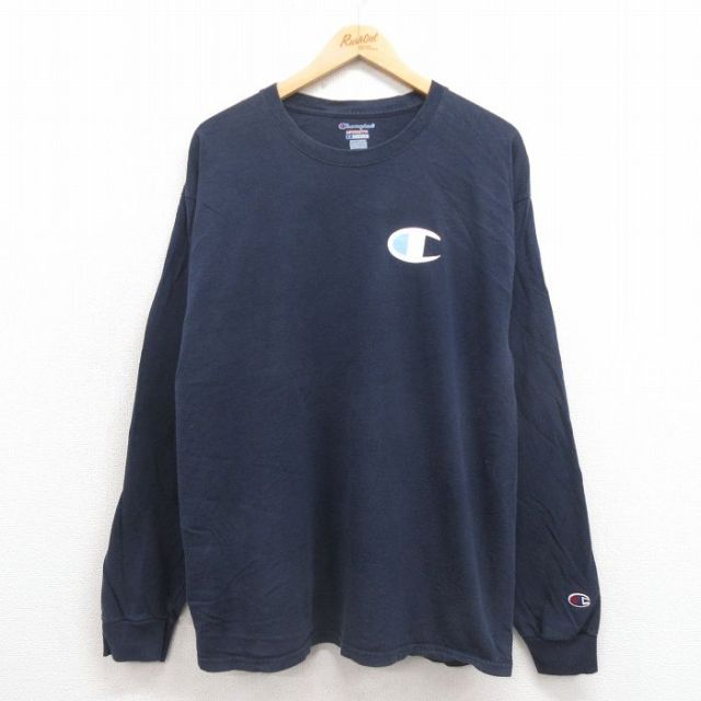 XL★古着 チャンピオン champion 長袖 Tシャツ メンズ ワンポイントロゴ クルーネック 紺 ネイビー 25sep29 中古