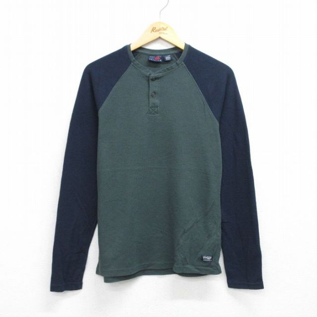 M★古着 ペリーエリス 長袖 サーマル Tシャツ メンズ ラグラン ツートンカラー ヘンリーネック 緑他 グリーン 25sep29 中古