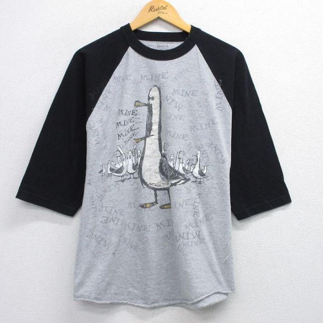 XL★古着 7分袖 Tシャツ メンズ ディズニー DISNEY ファインディングニモ カモメ ラグラン ツートンカラー 大きいサイズ コットン クルーネック グレー他 25sep29 中古 7分丈 七分丈 七分袖