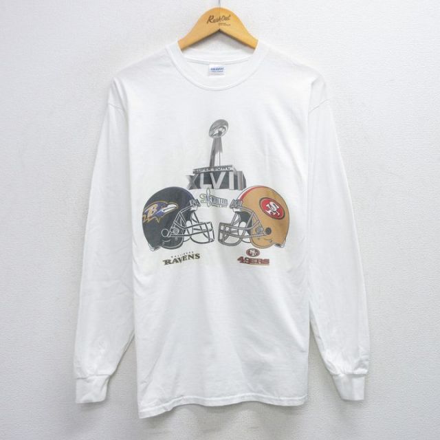 L★古着 長袖 Tシャツ メンズ NFL ボルチモアレイブンズ サンフランシスコフォーティーナイナーズ 49ers コットン クルーネック 白 ホワイト アメフト スーパーボウル 25sep29 中古