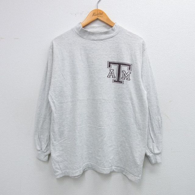 【20%OFF】M★古着 長袖 ビンテージ Tシャツ メンズ 90年代 90s ATM コットン モックネック ハイネック USA製 薄グレー 霜降り 25oct03 中古