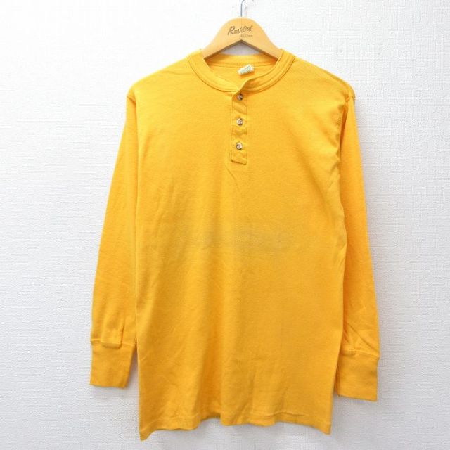 M★古着 長袖 ビンテージ Tシャツ メンズ 80年代 80s 無地 コットン ヘンリーネック USA製 黄 イエロー 25oct06 中古