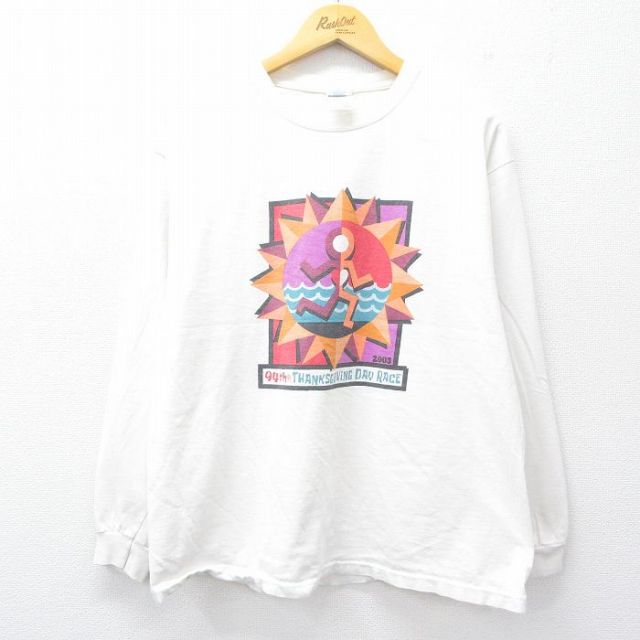 【20%OFF】XL★古着 長袖 ビンテージ Tシャツ メンズ 00年代 00s マラソン 企業広告 コットン クルーネック 白 ホワイト 25oct06 中古