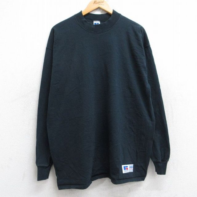 L★古着 ラッセル 長袖 ビンテージ Tシャツ メンズ 90年代 90s 無地 コットン モックネック ハイネック USA製 黒 ブラック 【spe】 25oct04 中古