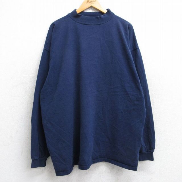 XL★古着 長袖 ビンテージ Tシャツ メンズ 90年代 90s 無地 大きいサイズ コットン モックネック ハイネック USA製 紺 ネイビー 25oct04 中古