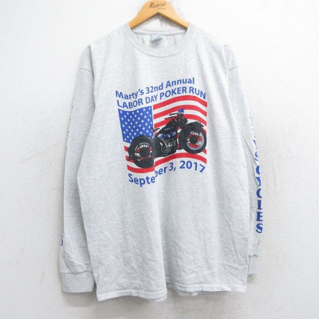 L★古着 長袖 Tシャツ メンズ バイク 星条旗 クルーネック 薄グレー 霜降り 25oct04 中古