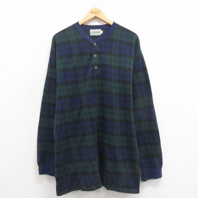 XL★古着 長袖 ビンテージ Tシャツ メンズ 00年代 00s ロング丈 ヘンリーネック 紺 ネイビー タータン チェック ブラックウォッチ 25oct23 中古