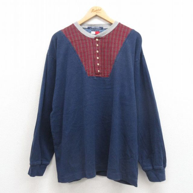 XL★古着 トミーヒルフィガー TOMMY HILFIGER トミージーンズ 長袖 ブランド Tシャツ メンズ 90年代 90s 大きいサイズ コットン ヘンリーネック 紺 ネイビー 25oct23 中古