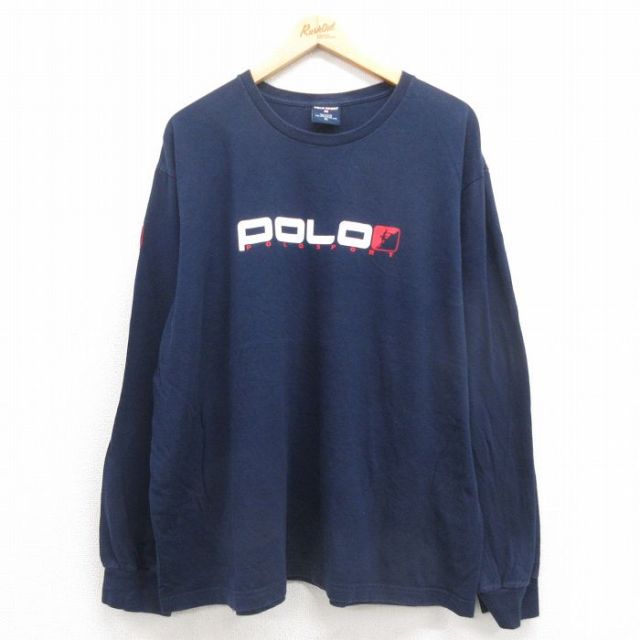 XL★古着 ラルフローレン Ralph Lauren ポロスポーツ 長袖 ブランド Tシャツ メンズ 00年代 00s ビッグロゴ 大きいサイズ コットン クルーネック 紺 ネイビー 【spe】 25oct23 中古