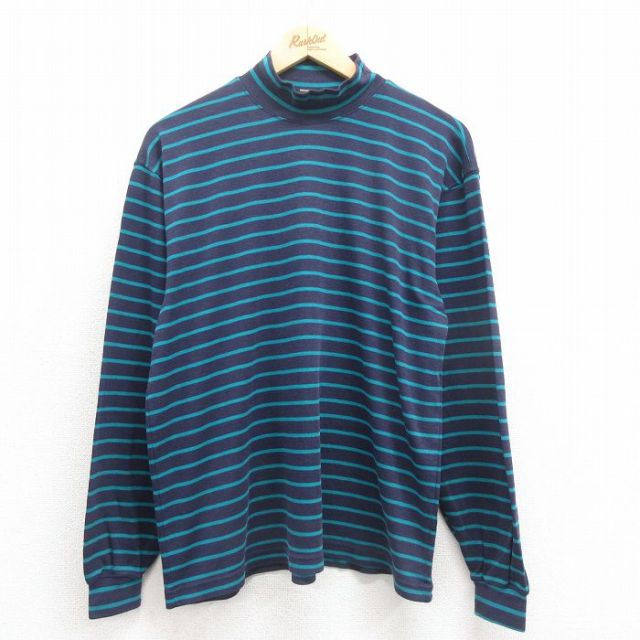 L★古着 エルエルビーン LLBEAN 長袖 ビンテージ Tシャツ メンズ 90年代 90s ハイネック モックネック 紺 ネイビー ボーダー 【spe】 25oct23 中古