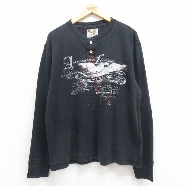 XL★古着 アメリカリビング 長袖 Tシャツ メンズ 鳥 大きいサイズ コットン ヘンリーネック 黒 ブラック 25oct23 中古