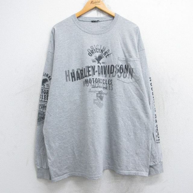 XL★古着 ハーレーダビッドソン Harley Davidson 長袖 Tシャツ メンズ 胸ポケット付き 缶 ロチェスター 大きいサイズ クルーネック グレー 霜降り 【spe】 25oct27 中古