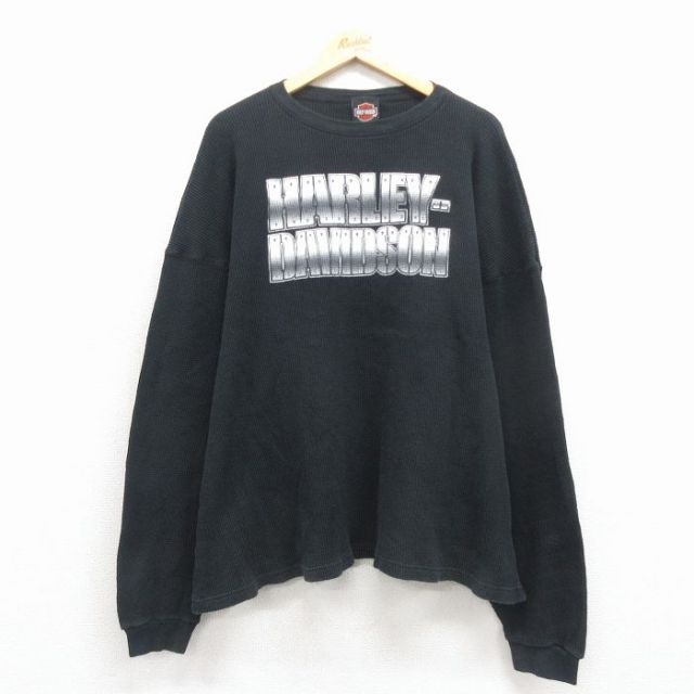 XL★古着 ハーレーダビッドソン 長袖 ビンテージ サーマル Tシャツ メンズ 00年代 00s ビッグロゴ 大きいサイズ コットン クルーネック USA製 黒【spe】 25nov18