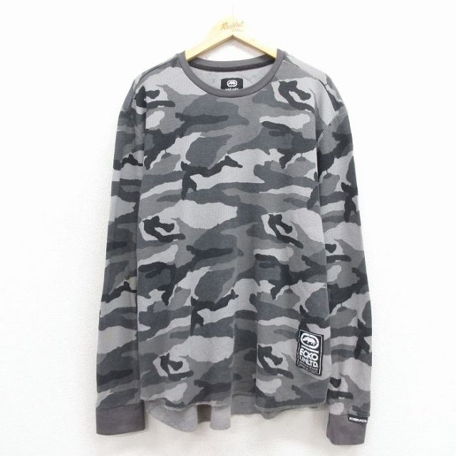 XL★古着 エコー ECKO 長袖 サーマル Tシャツ メンズ 大きいサイズ クルーネック グレー 迷彩 25nov18