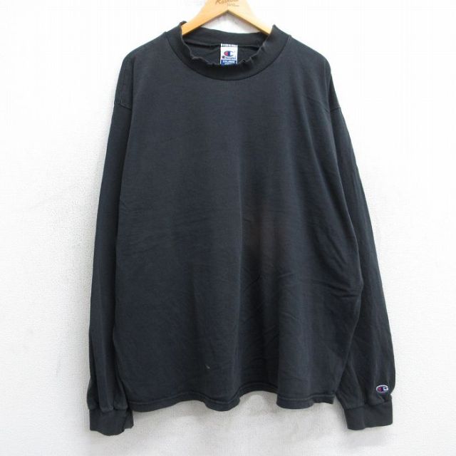 XL★古着 チャンピオン champion 長袖 ビンテージ Tシャツ メンズ 90年代 90s 無地 大きいサイズ コットン モックネック ハイネック USA製 黒 25nov18