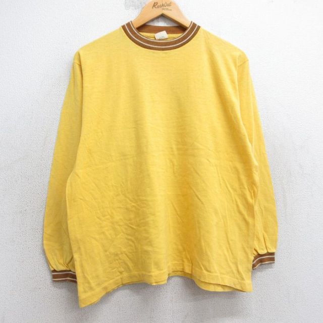 M★古着 長袖 ビンテージ Tシャツ メンズ 80年代 80s 無地 コットン クルーネック USA製 黄 25nov18