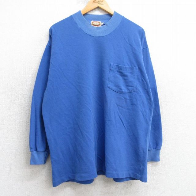L★古着 バナナリパブリック 長袖 ビンテージ ブランド Tシャツ メンズ 80年代 80s 無地 胸ポケット付き 鹿の子 コットン モックネック ハイネック 青 25nov18