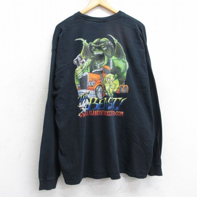 XL★古着 長袖 ビンテージ Tシャツ メンズ 00年代 00s トラック モンスター スカル 大きいサイズ コットン クルーネック 黒 25nov18