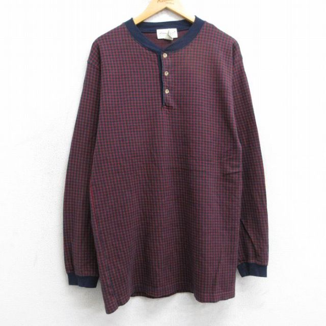 M★古着 エディーバウアー 長袖 ビンテージ Tシャツ メンズ 00年代 00s 千鳥格子 コットン ヘンリーネック 赤他【spe】 25nov18