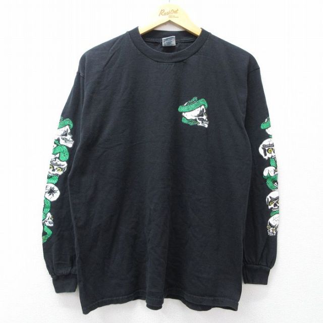 L★古着 長袖 ビンテージ Tシャツ メンズ 00年代 00s スカル ヘビ コットン クルーネック 黒 25nov26