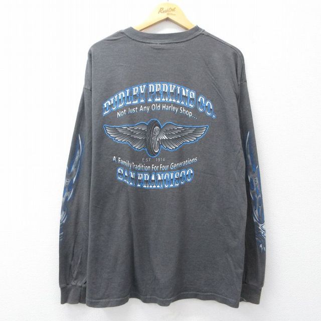 XL★古着 ハーレーダビッドソン 長袖 ビンテージ Tシャツ メンズ 90年代 90s 胸ポケット付き DUDLEY PERKINS クルーネック USA製 濃グレー 霜降り【spe】 25nov26