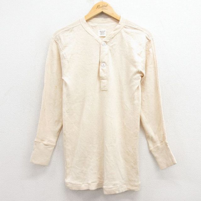 M★古着 長袖 ビンテージ Tシャツ メンズ 80年代 80s ミリタリー 無地 ヘンリーネック USA製 生成り 25dec08