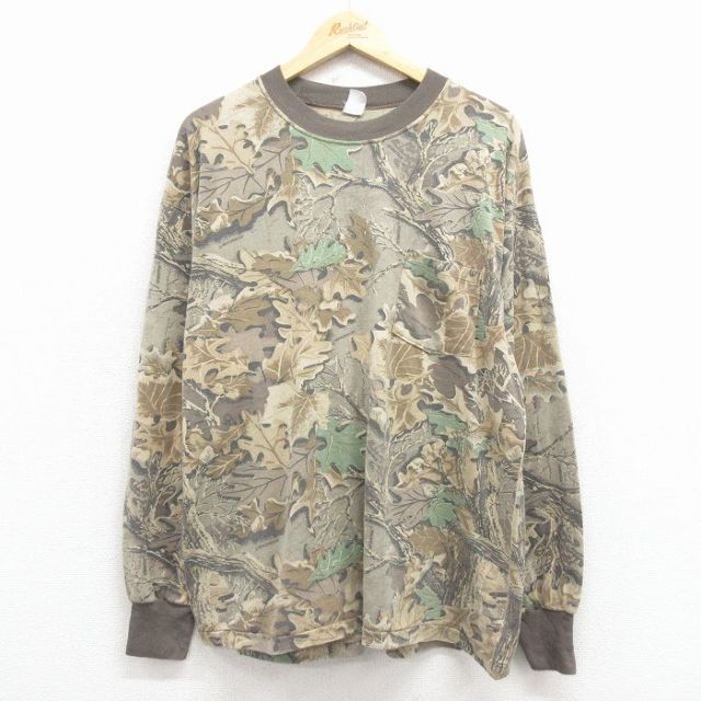 XL★古着 長袖 ビンテージ Tシャツ メンズ 90年代 90s 木葉 胸ポケット付き クルーネック USA製 茶 迷彩 25dec08
