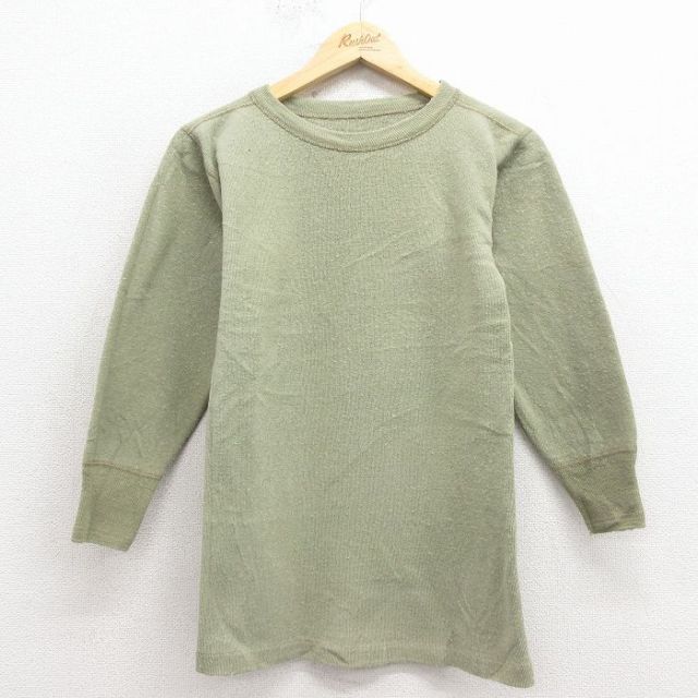 S★古着 長袖 ビンテージ サーマル Tシャツ メンズ 70年代 70s 無地 クルーネック 緑 25dec17