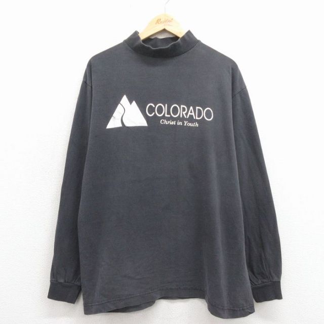 XL★古着 長袖 ビンテージ Tシャツ メンズ 90年代 90s コロラド コットン モックネック ハイネック コットン USA製 黒 25dec17