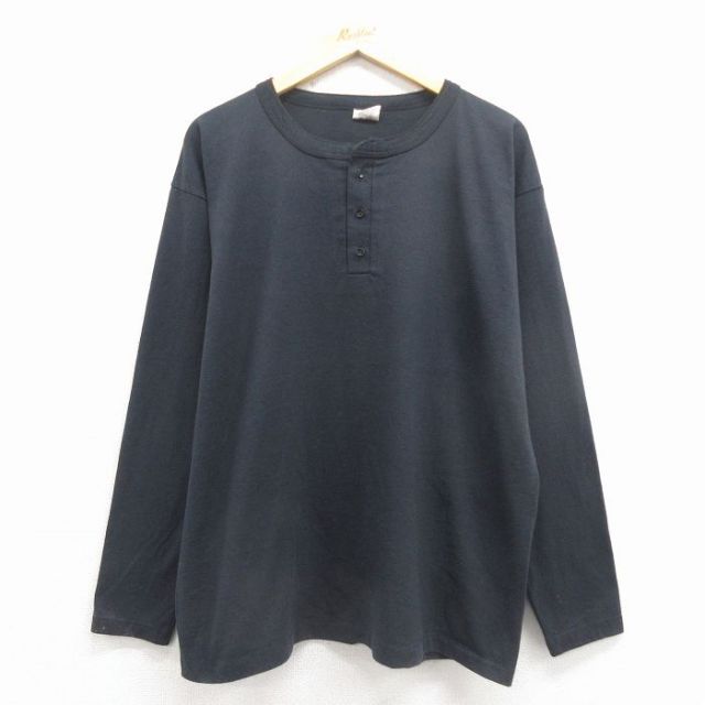 XL★古着 長袖 ビンテージ Tシャツ メンズ 80年代 80s 無地 大きいサイズ ヘンリーネック USA製 黒【spe】 25dec17
