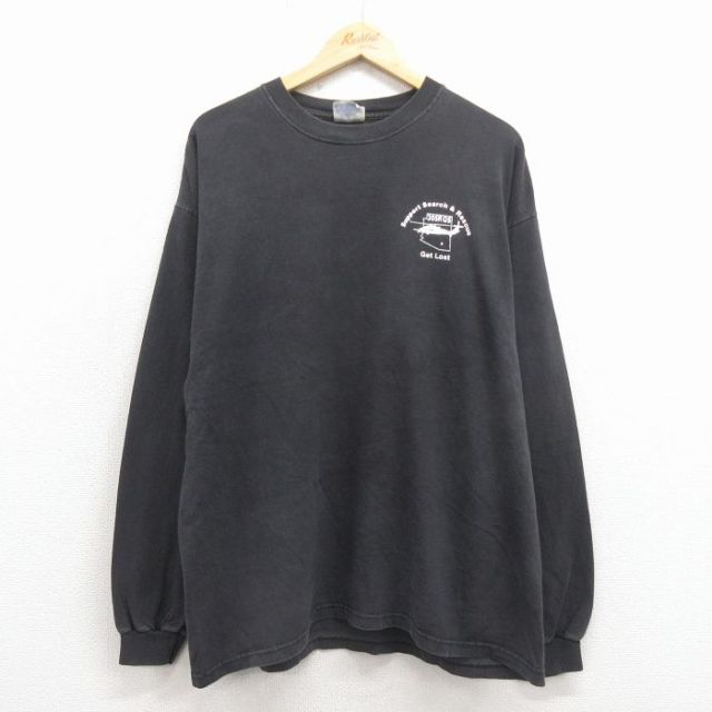 XL★古着 ヘインズ 長袖 ビンテージ Tシャツ メンズ 00年代 00s ヘリコプター コットン クルーネック 黒 25dec17